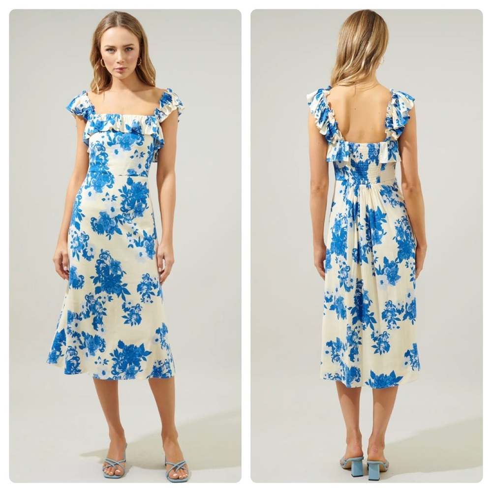 Sugarlips Milo Azure Kona Blue Floral Ruffle Midi Dress